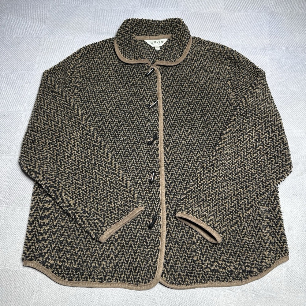 Orvis Deep Pile Toggle Cardigan Womens Large Teddy Textured Chevron Pattern